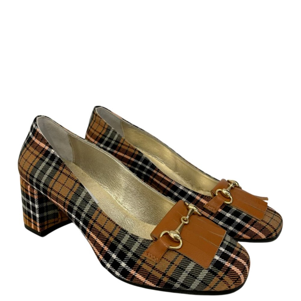Andrea Carrano Plaid Fabric Fringe Black Brown Pumps NWB